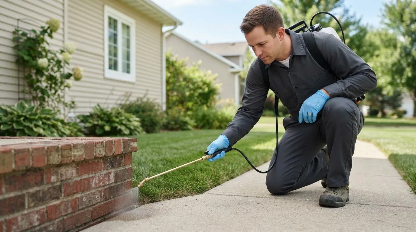 Pest control technician treating a home near Lancaster, MA