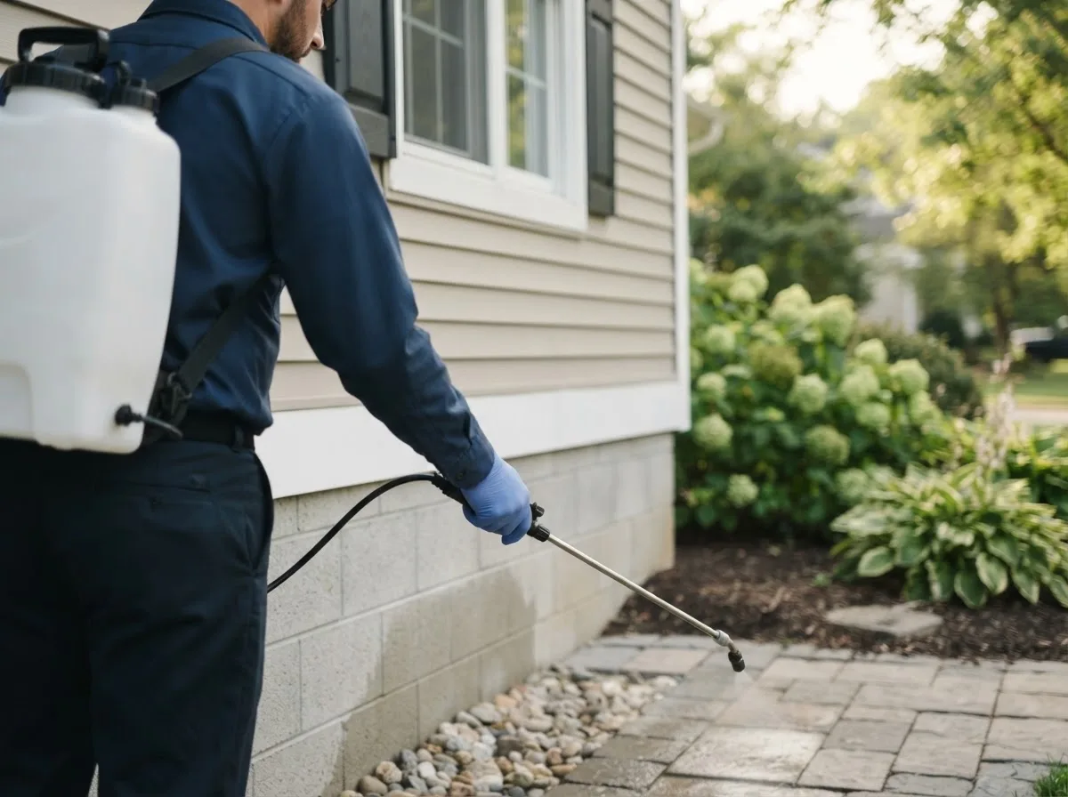 Pest control technician inspecting a home in Lancaster, MA
